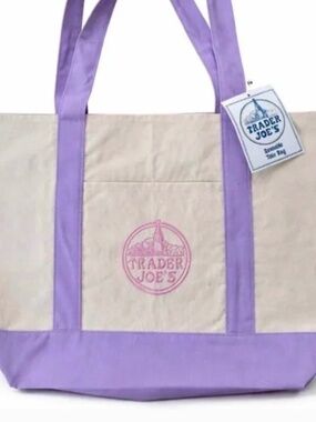 Trader Joe's canvas reusable tote bag Classic lavender and cream colors